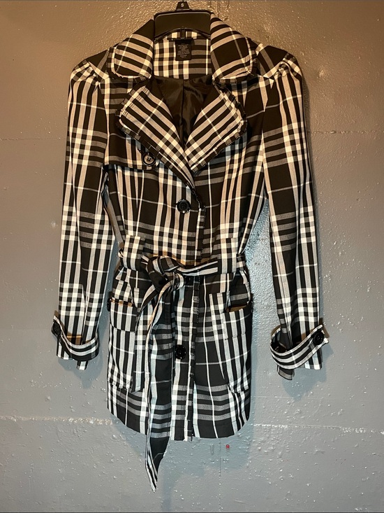 Jackets & Blazers - Black & White Plaid Trench Coat with Belt